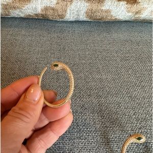 Gold side hoops with emerald green eyes, average size hoop, 11/11 designer